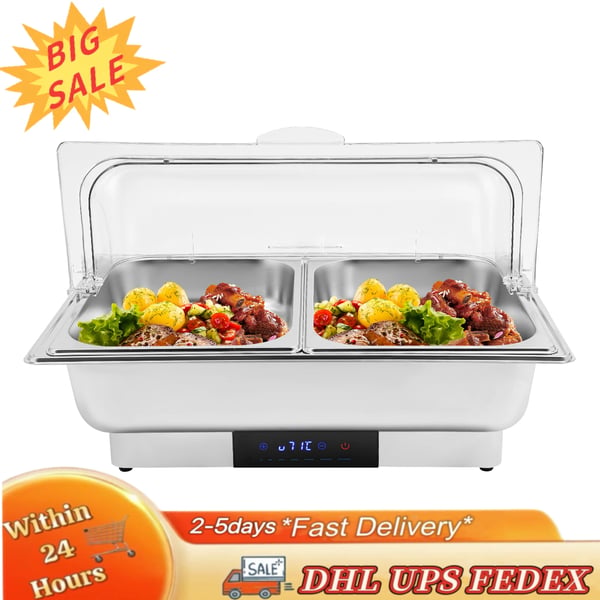 Elektrisk Chafing Dish, Rustfrit Stål Konstruktion, 2 Madpander,Sølv