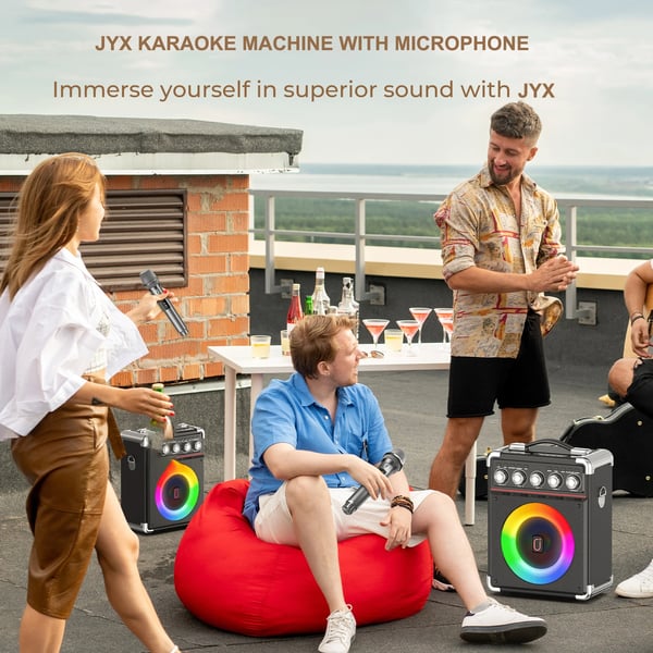 Karaoke-maskine, duale mikrofoner, Bluetooth-forbindelse, 12 timers afspilning, dynamiske lyseffekter
