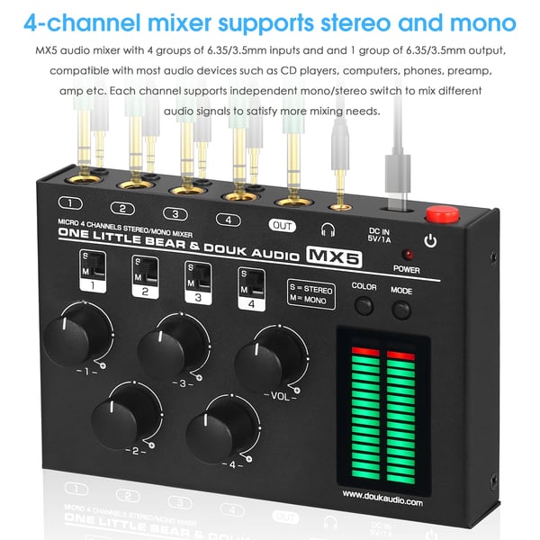 Lydmixer, 4-kanal, understøtter 6,35 mm og 3,5 mm indgange, LED niveau målere, kompakt design, drevet af DC5V