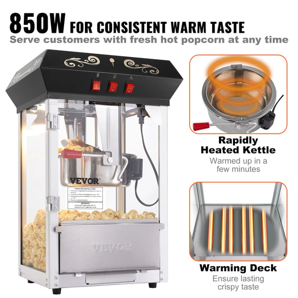 Popcornmaskine, 8 oz kedelkapacitet, 850W effekt, bordmodel