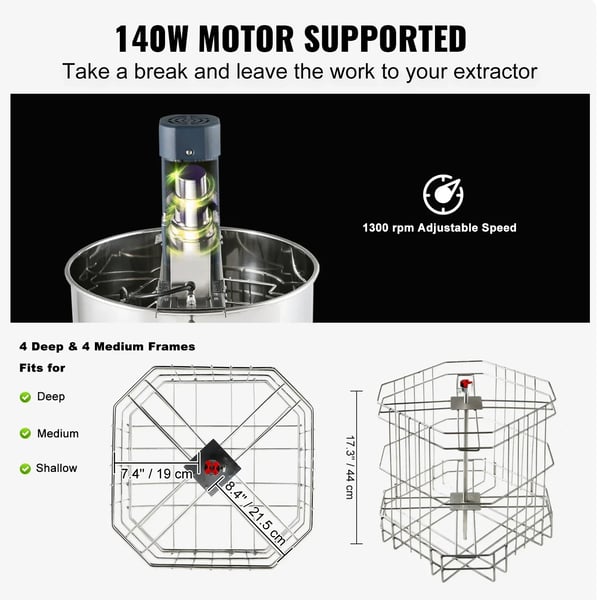 Hunajakeskittäjä, 4/8 kehyskapasiteetti, 140 W teho, 110-120V/60HZ/220V jännite, moottorin nopeus 1300 rpm, ruostumaton teräs materiaali