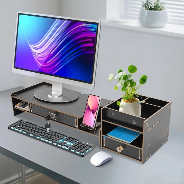Datormonitorställ, Ergonomisk Design, Låsbart Fack,svart