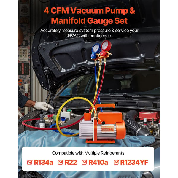 Vakuumpumpe, 4 CFM flow rate, kompatibel med flere kølemidler,220V, EU