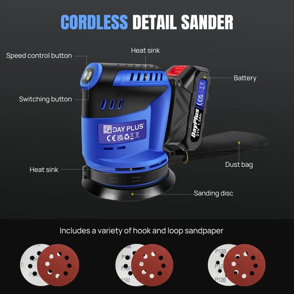 Trådløs tilfældig orbital sliber, 21V, 3000W, 1.5AH lithium-ion batteri, 7000/9500/11000 OPM, 125 mm papir størrelse