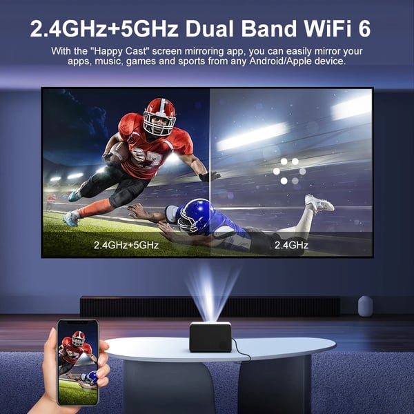 Projektor, 1080P HD, Bærbar med Bluetooth og WiFi,EU stik, S1