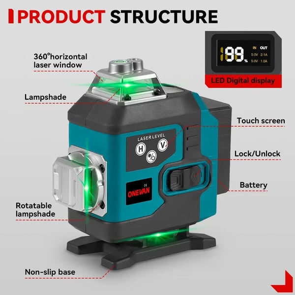 Laser Niveau, Selvnivellerende Funktion, 360° Grøn Laser Synlighed,2 Batteri EU Stik