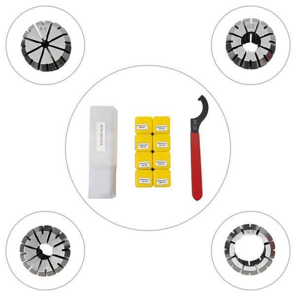 Fjederklemme Sæt, 8 Chuck, Klemrange 4-16 mm, Dimensioner 13x8x9 cm, Hårdhed 48-52 HRC, Nøjagtighed 0.015 mm