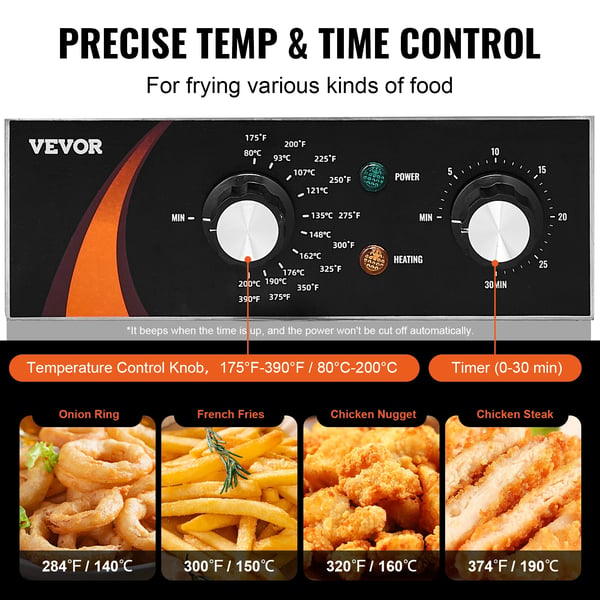 Frituregryde, oliekapacitet 6,2 qt, effekt 1750W, temperaturinterval 175°F til 390°F, CE-certificeret