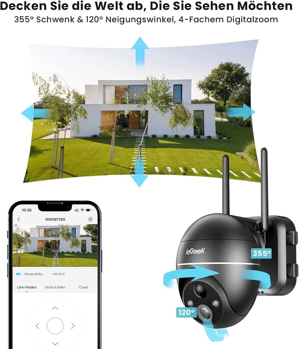 Udendørs overvågningskamera, 5,0 megapixel, dimensioner 186 x 170 x 126 mm, trådløs forbindelse, batteri- og solenergidrevet, 360 graders synsvinkel