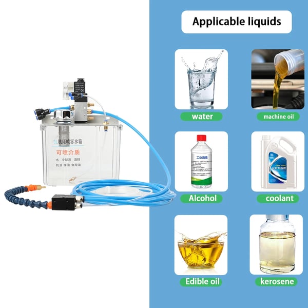 Smörjmedelsspray System, 3 Liters Kapacitet, Justerbar Luftvolym, IP65 Vattentålig, Kompatibel med Precisionmaskiner, Inkluderar Bränsletank och Munstycken