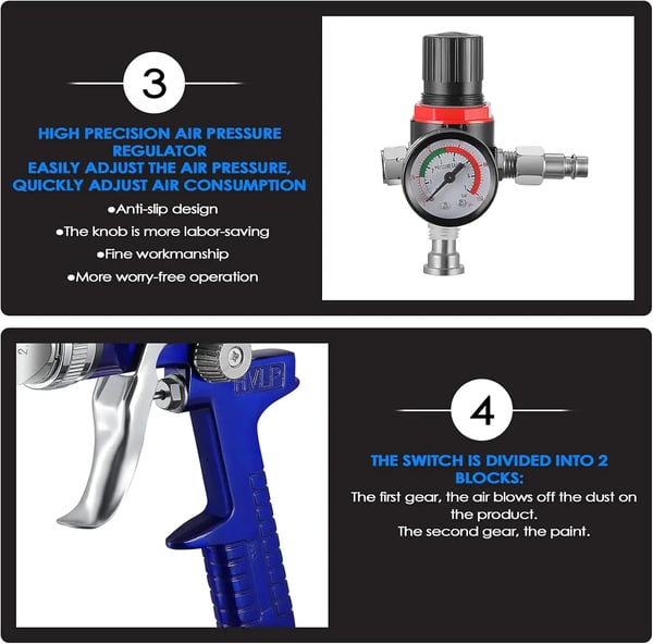 HVLP Spray Malerpistol, 600ml Beholder, Justerbar Flow Kontrol,Guld