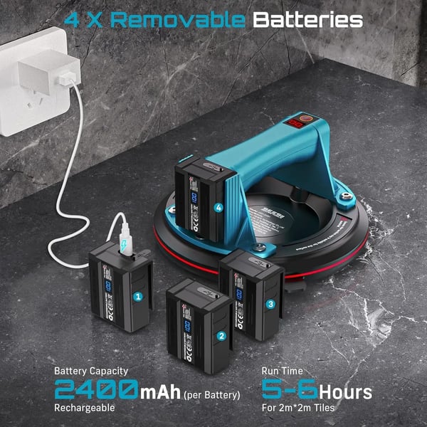 Elektrisk vakuum sugekop, 600 lbs belastningsevne, genopladeligt batteri,2000 Kg, 4Xbatteri 2Xoplader