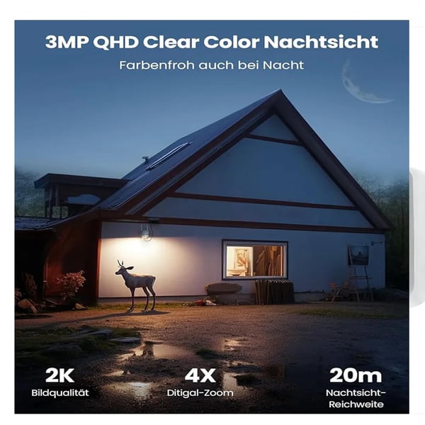 Trådløst sikkerhedskamera, 2MP opløsning, solcelledrevet, nattevisionsområde: 15 meter, dimensioner: 14 cm x 10 cm x 12,5 cm