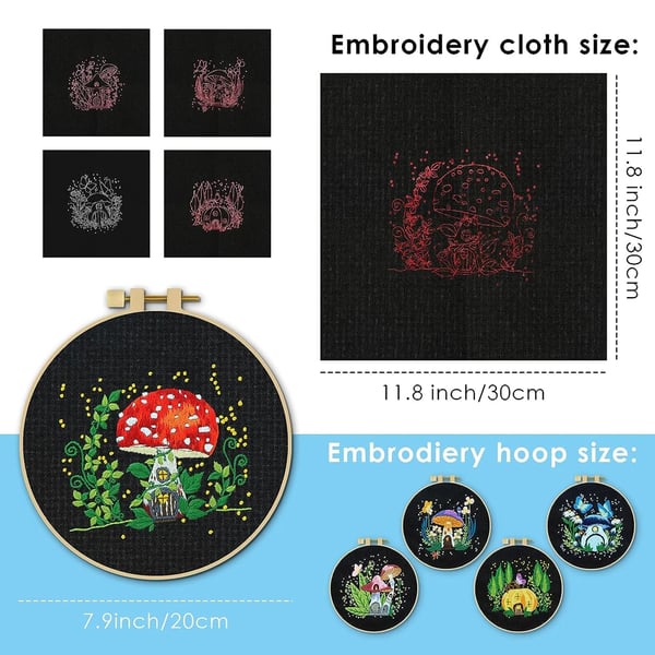DIY Broderikit, Svampe Design, 20 cm Broderistørrelse, Færdig Håndværk,sæt