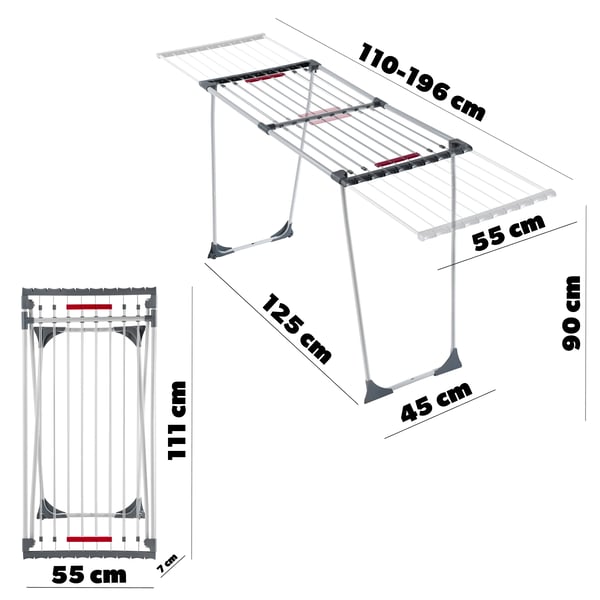 Tøj tørretumbler, Maksimal tørreflade 20 m, Belastningskapacitet 20 kg, Højde 196 cm, Materiale Pulverlakeret stål, Justerbare fødder Ja