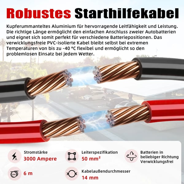 Bilbatteri Starthjælpskabel, 3000Amp, 20 Fod Lang,6m 3000A