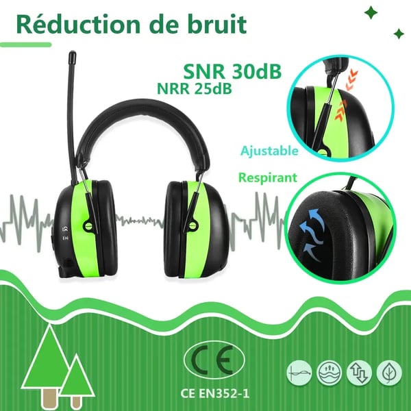 Hørebeskyttelseshovedtelefoner, Bluetooth-forbindelse, FM/AM-radio,Reseda