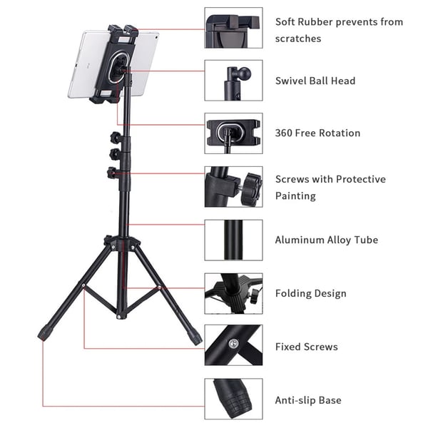 Gulvstand Tripod, Justerbar Højde, 360° Rotation,sort