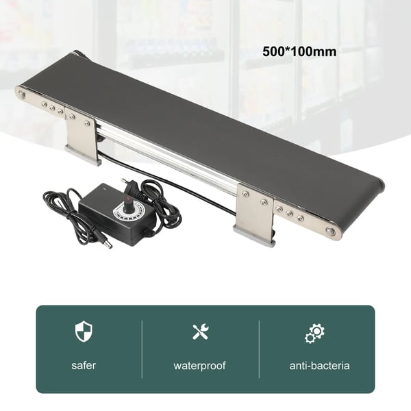 Transportbånd, Aluminiumlegering Krop, Rustfrit Stål Beslag, 490 mm Længde, 100 mm Bredde, AC 100-240V Indgang