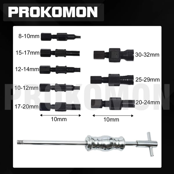 Intern Bæreudtrækker, 9-delt Sæt, Hammerlængde 105 mm, Skaftlængde 390 mm, Collet Størrelser 8-32 mm, Kulstofstål Materiale