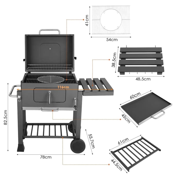 Kulgrill, Total madlavningsoverflade 578 kvadrattommer, Justerbare luftventiler 4, Indbygget termometer, Højdejusterbar kulplade, Sidehylde med kroge