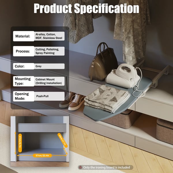 Strykbord, 180° Rotation, Fällbar Design,grå