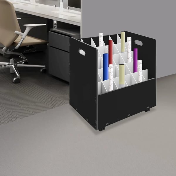 Mobil rullefilopbevaringsreol, 30 pladser, PVC-materiale, 58x40x58 cm, belastningsevne 50 kg, 4 hjul med bremser