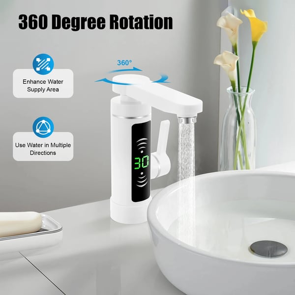 Øjeblikkelig varmtvandsarmatur, 3000W effekt, 360° roterbar tud,HVID
