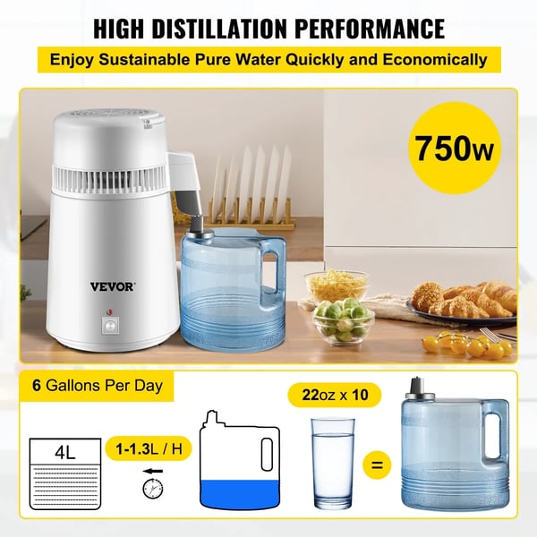Vanddestillator, 4 L kapacitet, 750 W effekt, 304 rustfrit stål, destillationsfiltreringsmetode, kompakt design