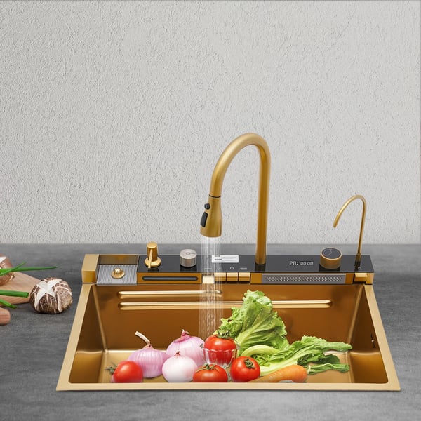 Vandfald Køkkenvask, Rustfrit Stål, Moderne Design,Guld
