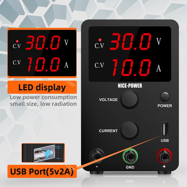 DC-virransyöttö, säädettävä jännite, USB-ulostulo,R-SPS3010 30V 10A