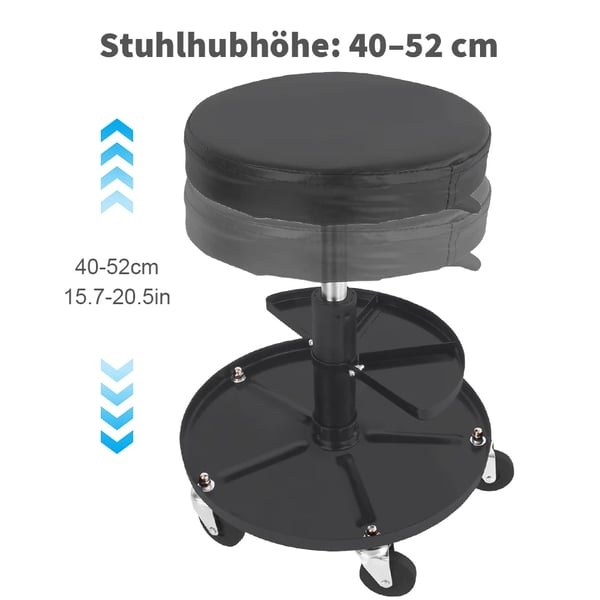 Rullaustuoli, kääntyvä nostomekanismi, mukava PU-nahkaverhoiltu istuin, työkalusäilytysalusta,musta