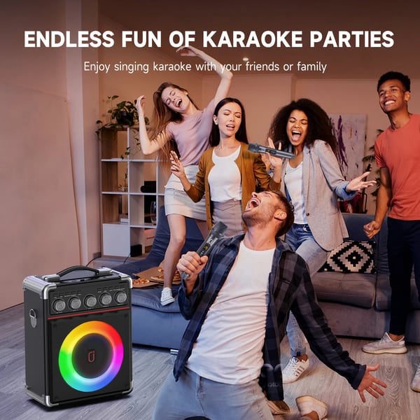 Karaoke-maskine, bærbar højttaler, trådløs mikrofon,sort