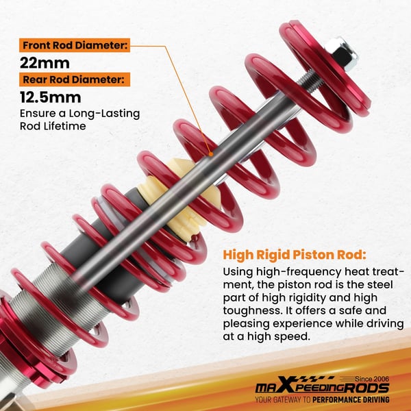 Coilover affjedringskit, justerbar højde, fjederhastighed 7 kg/mm, varevægt 22 kg, varelængde 45 cm, varebredde 54 cm