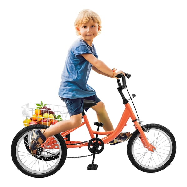 Børnecykel, ramme i højkulstofstål, 14 tommer hjul, dobbelt V-bremse system, 50 kg kapacitet, stor bagkurv