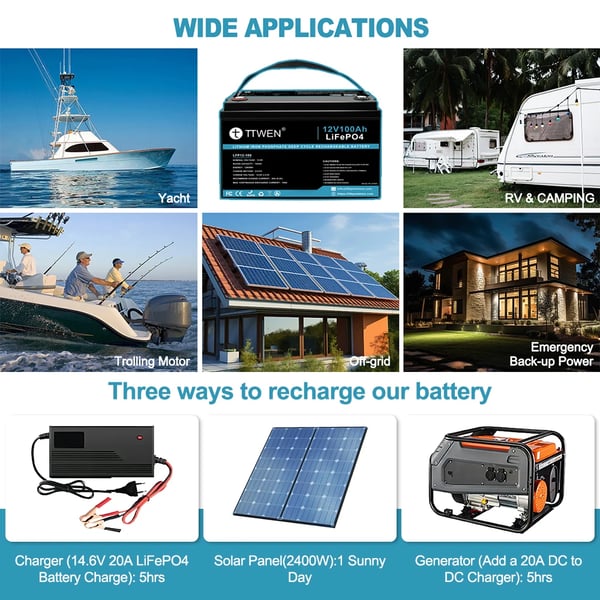 Lithiumbatteri, 12V, 100Ah, 1280Wh kapacitet, 4000+ dybe cykler, Bluetooth-funktionalitet