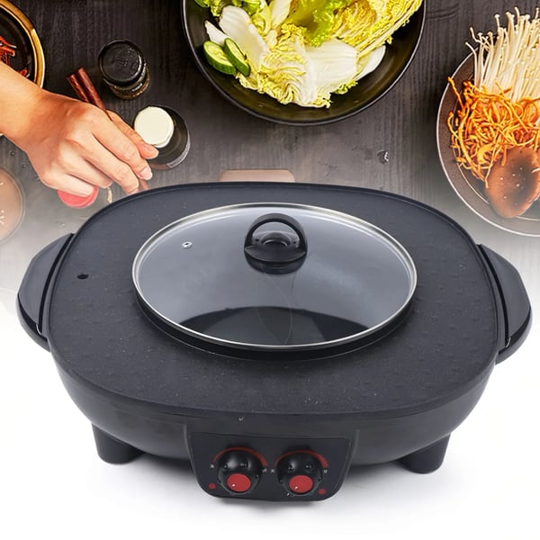 Elektrisk Hot Pot, 2-i-1 Grill, Røgsfri Design,sort