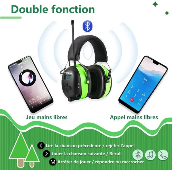 Hørebeskyttelseshovedtelefoner, Bluetooth-forbindelse, FM/AM-radio,Reseda