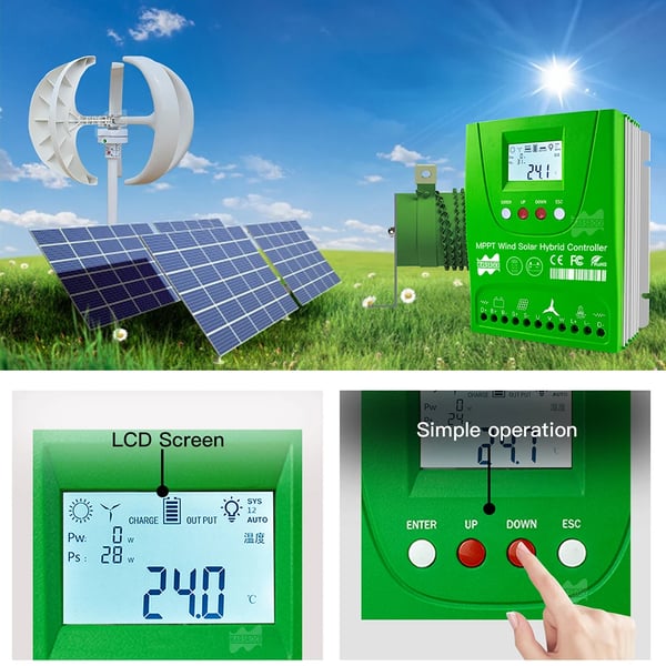 Aurinkosäädin, MPPT-tekniikka, WiFi-yhteys, Tuuli1000W Aurinko1000W, Automaattinen 12V 24V, Ulkoinen Tuuli-Aurinko Hybridijärjestelmä