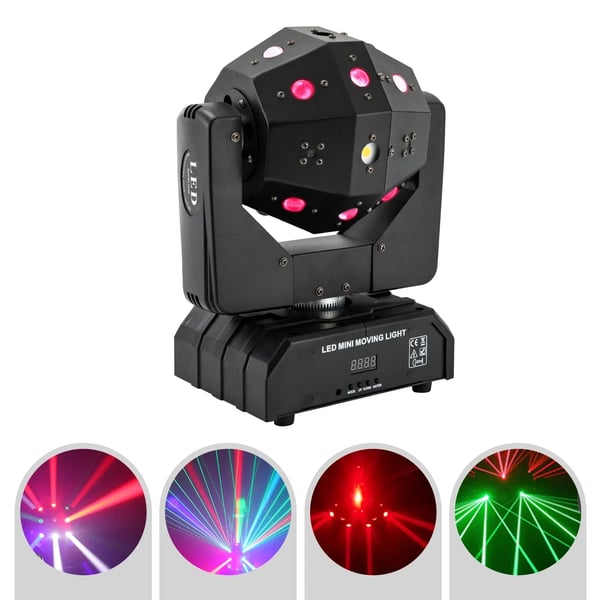 Bevægelseshovedlys, 16 RGB LED'er, 360° Rotation, Lydaktiveret, DMX512 Kontrol, Automode
