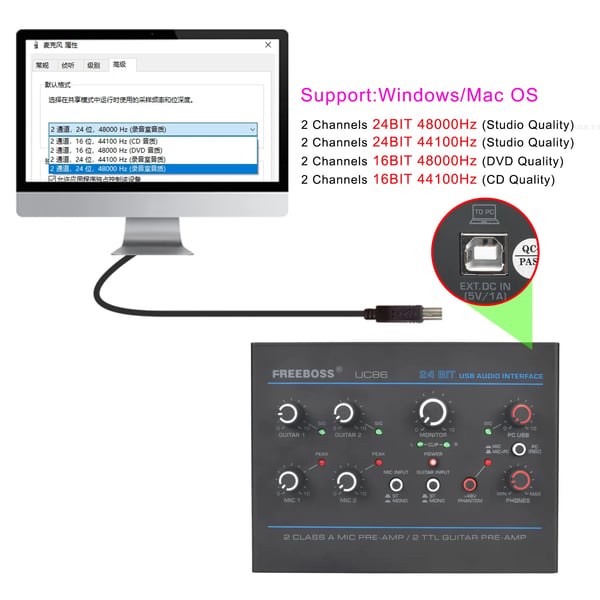 USB Audio Interface, 5 Indgangskanaler, 24Bit 48KHz Optagelse,UC86