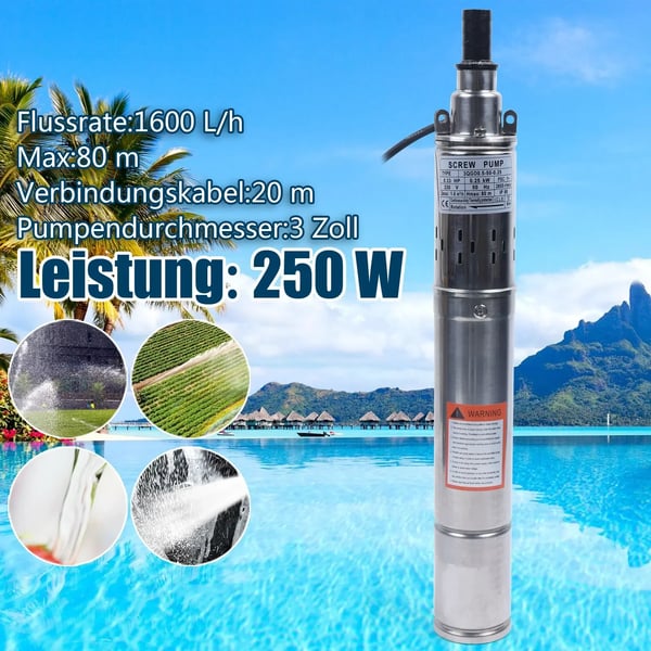 Dybbrøndspumpe, Rustfrit Stål Konstruktion, Maksimal Flow Rate 1600 L/h,Sølv, EU, 220V