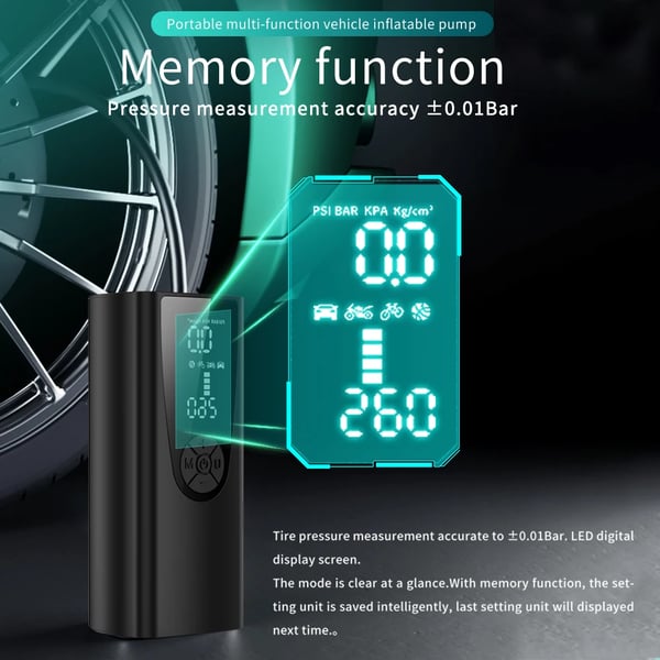 Bærbar oppustningspumpe, batterikapacitet 8000mAh, justerbart tryk op til 150 PSI, vægt 1,5 lbs, dimensioner 10 x 4 x 3 tommer, USB-C genopladelig