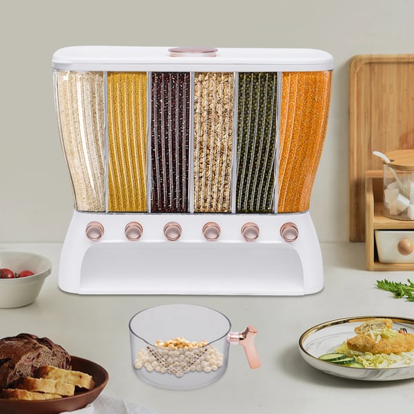 Tørfoderdispenser med 6 rum, rummer 10 kg, måler 42*16,5*36 cm, lavet af ABS, PP og PET