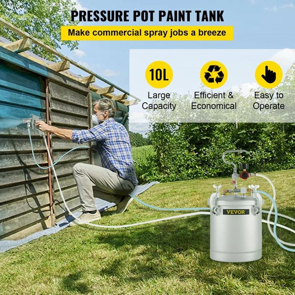 Painemaalipurkki, 10 litran kapasiteetti, 45–60 PSI käyttöpaine, 180–230 mm kuvion leveys, 6,0–8,8 CFM ilman kulutus, 10 jalan letkuyhdistelmä
