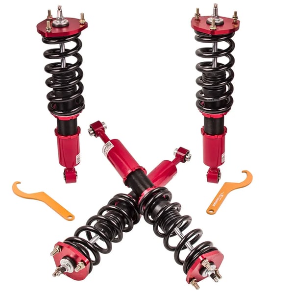Coilover affjedringssystem, 24-vejs justerbar dæmper, fjederhastighed foran: 12 kg/mm, bag: 10 kg/mm, varelængde: 64 mm, varebredde: 52 mm