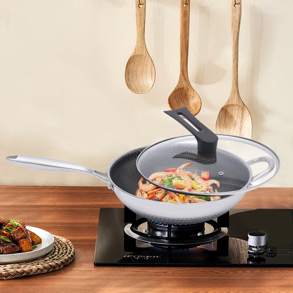 Wokpande, Honningkombination, 30 cm Diameter, Ergonomisk Håndtag, Tåler Opvaskemaskine, 1L Kapacitet