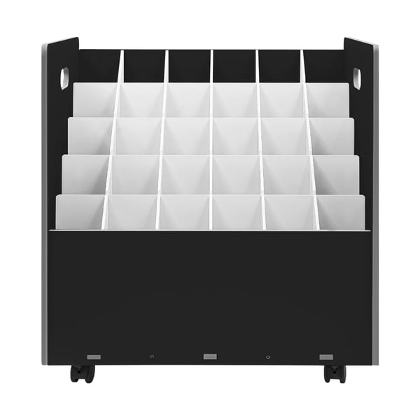 Mobil rullefilopbevaringsreol, 30 pladser, PVC-materiale, 58x40x58 cm, belastningsevne 50 kg, 4 hjul med bremser