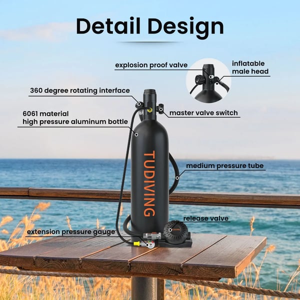 Scuba Diving Tank, Bærbar 2L Kapacitet, DOT Certificeret,2L B1 Sort