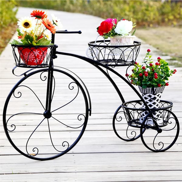 Cykelplanteholder, 3-lags design, smedet jernkonstruktion,Sort